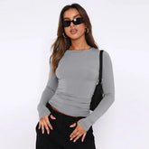 Vintage Bustier Spring Solid Long Sleeve Round Neck WomenT-shirt